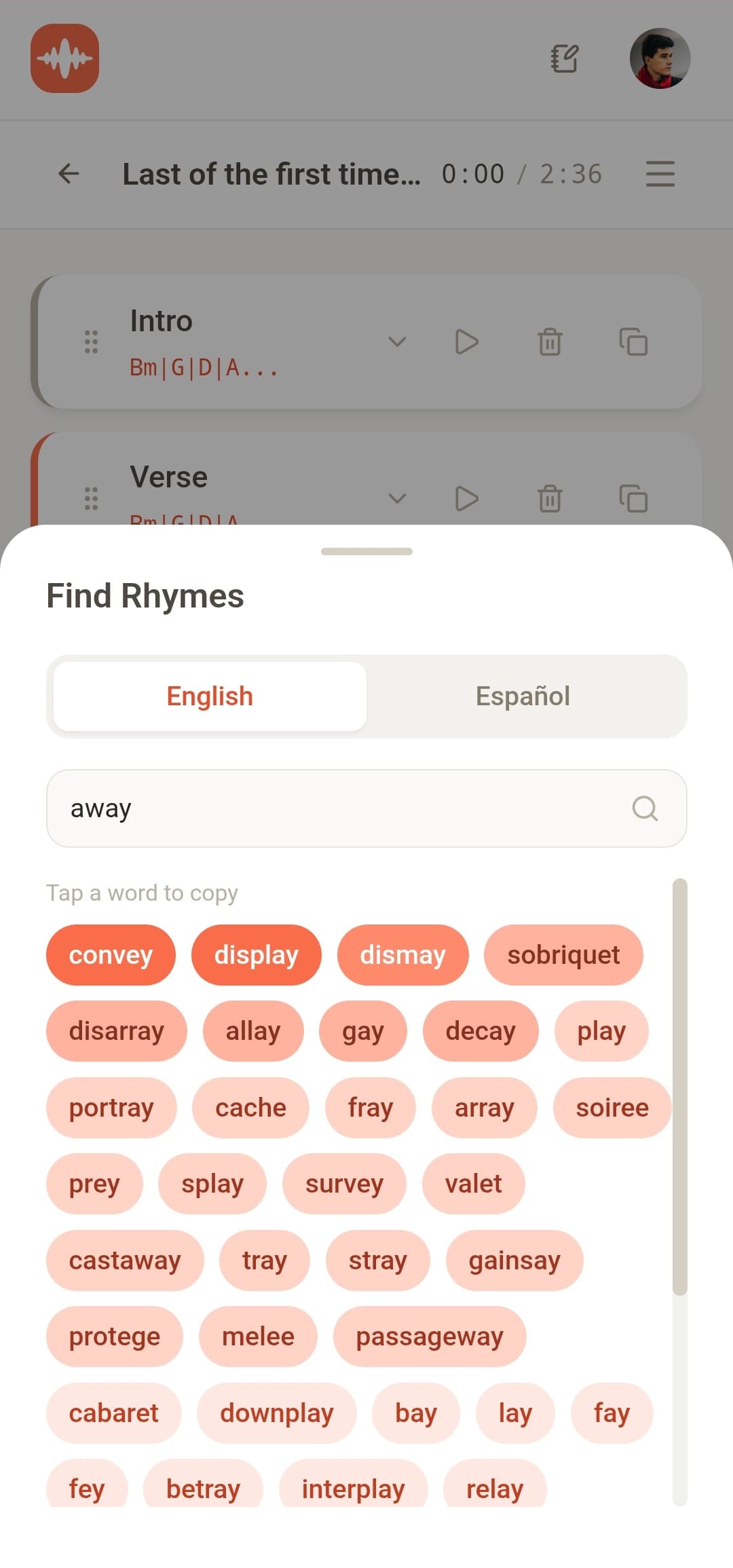Find rhymes for your lyrics