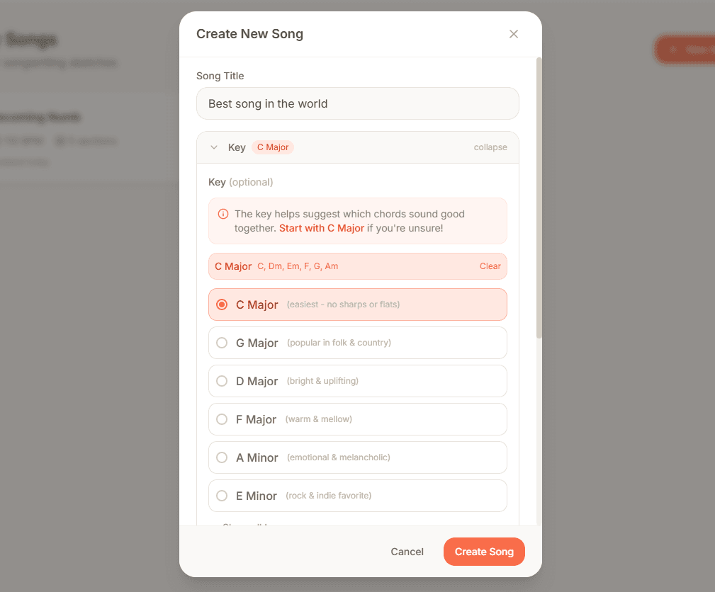 Melodoodle key selection interface