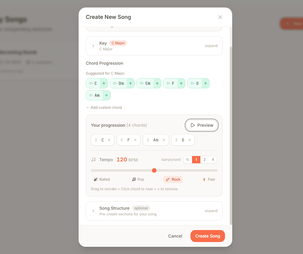Melodoodle tempo and chord progression settings
